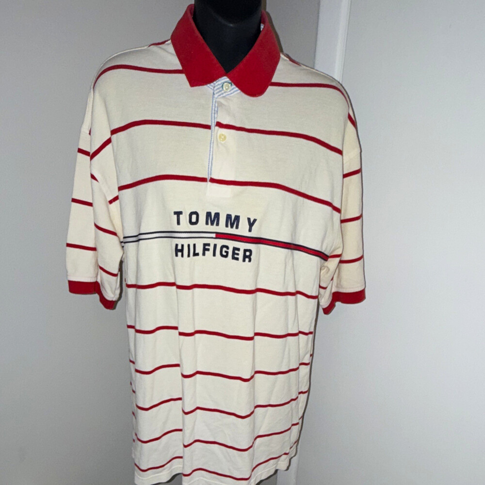 VTG 90s Tommy Hilfiger Striped Polo Shirt Cream Red Big Spellout Embroidered XL